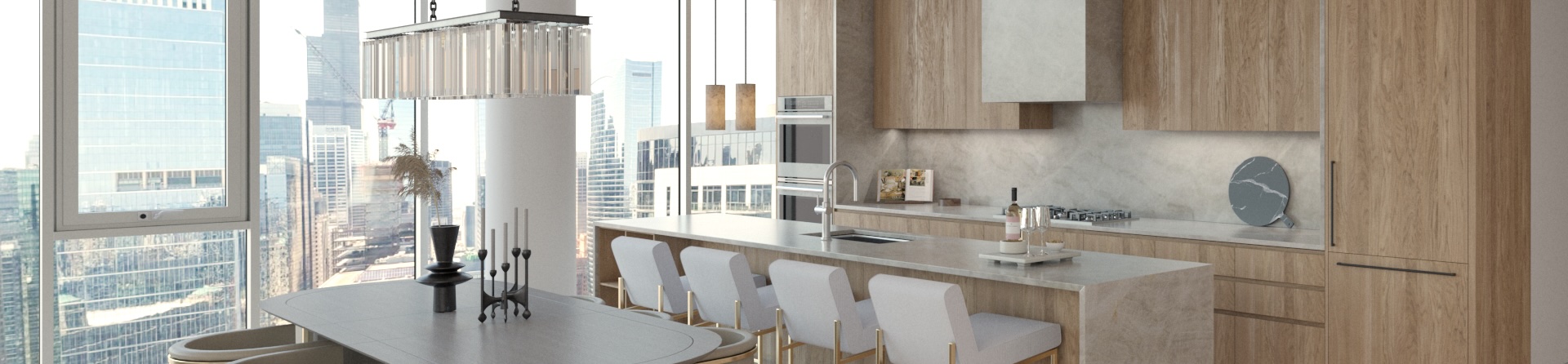 Modern kitchen and dining area with light wood cabinets, marble countertops, built-in appliances, a long island with white bar stools, and large windows with a cityscape view in the background.