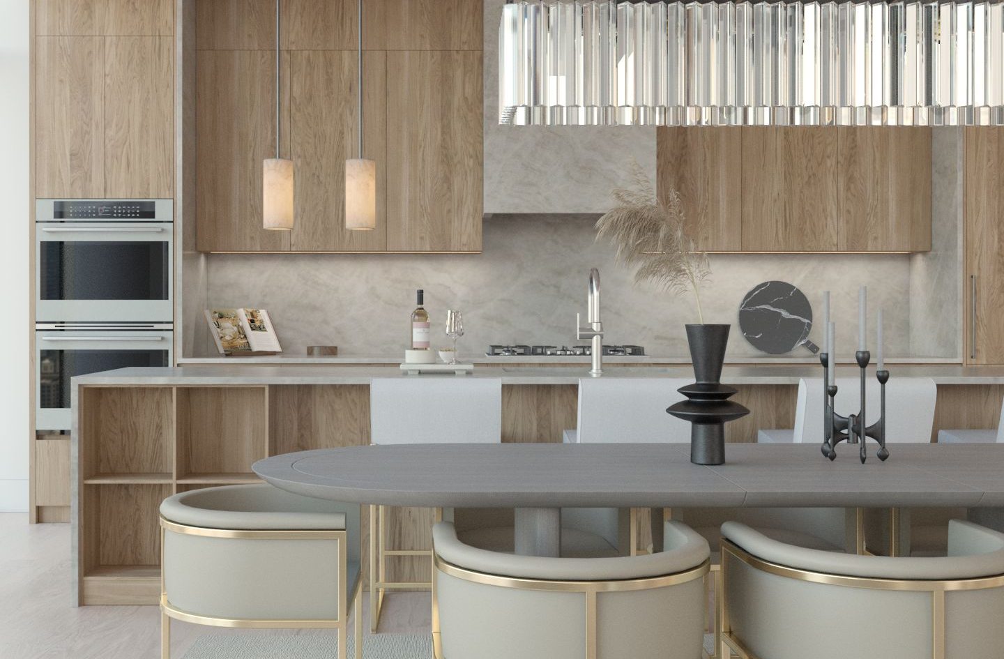 A modern kitchen with light wood cabinets, a marble backsplash, built-in ovens, and a large island. In front, theres a dining table with beige chairs, decorative vases, and candles. Pendant lights hang above the island.