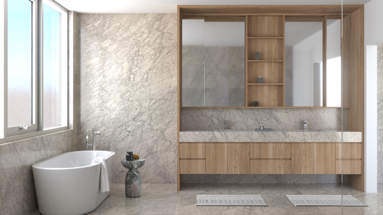 Modern bathroom with light marble walls and floor, a freestanding white bathtub, a small round side table with a black bottle and towel, and a large wooden vanity with double sinks, mirrors, and open shelving.