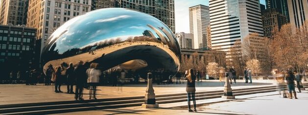 Cloud Gate (The Bean) sculpture in Chicago’s Millennium Park reflects nearby skyscrapers and a partly cloudy sky, with people gathered around taking photos and walking beneath the structure.