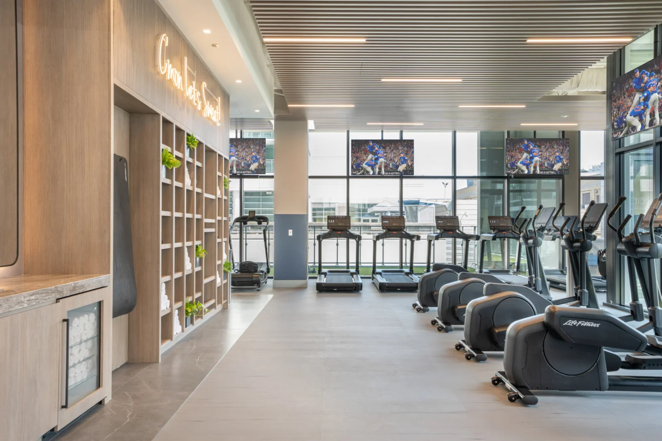 Modern gym with treadmills and elliptical machines facing large windows. TVs above the treadmills display a sports game. Wooden shelving with green plants decorates the left wall under warm lighting.