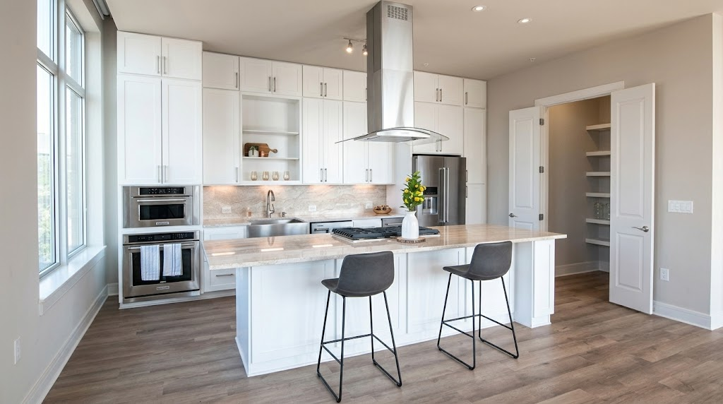 Modern kitchen with white cabinets, stainless steel appliances, a central island with two dark stools, a built-in oven, open pantry, and large windows letting in natural light. Light wood floors and neutral walls complete the space.
