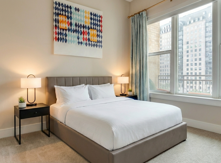 A modern bedroom with a gray upholstered bed, white bedding, two black nightstands with lamps, small plants, abstract wall art above the bed, floor-length blue curtains, and large windows showing city buildings outside.