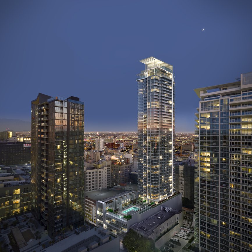 A nighttime cityscape featuring modern high-rise buildings with illuminated windows, a rooftop pool, and a distant view of city lights under a dark blue sky with a crescent moon.