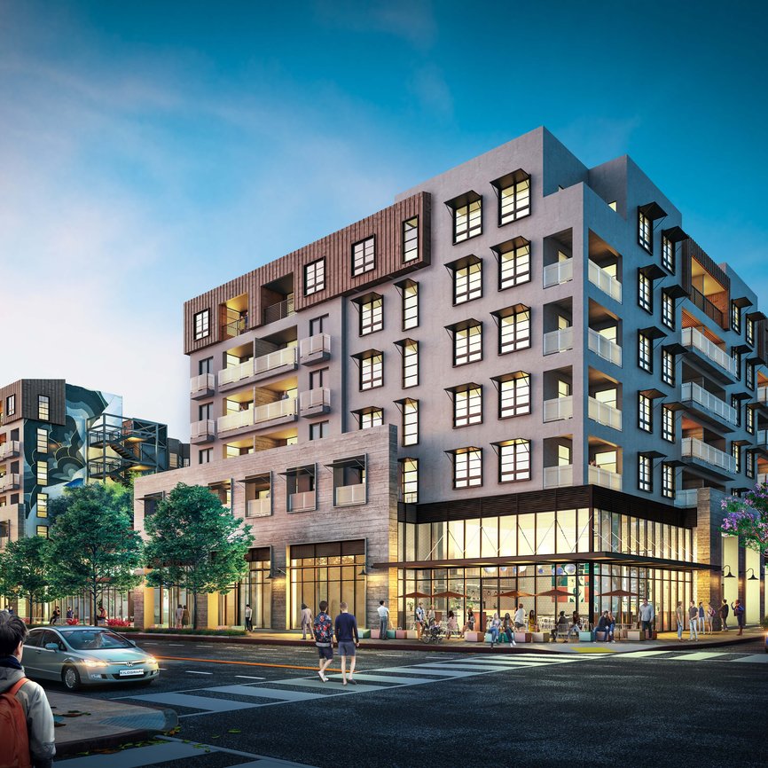 Modern multi-story apartment building with large windows and balconies, street-level shops, people walking on sidewalks, and cars at an intersection in the evening, with trees and streetlights along the road.