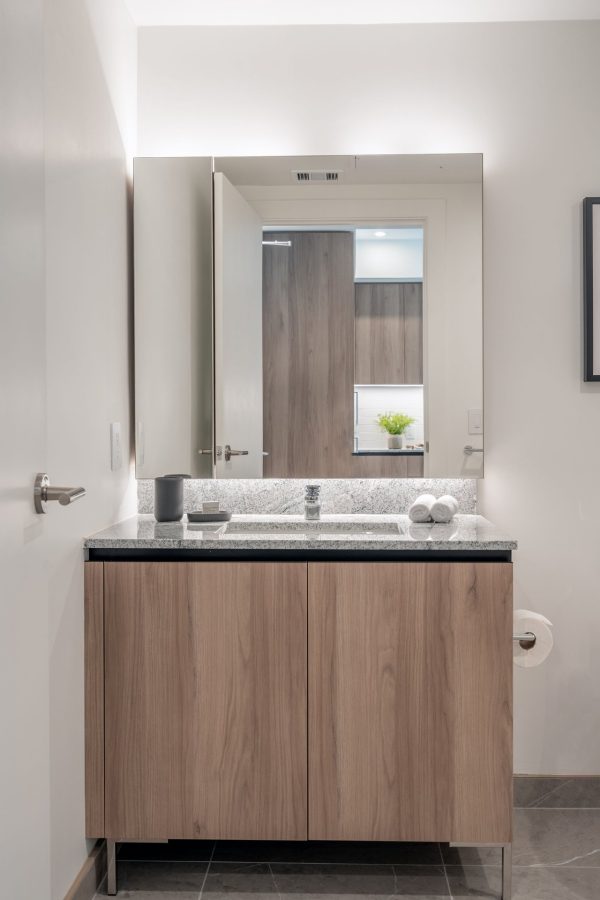 Modern bathroom with a wooden vanity, granite countertop, large mirror, and minimal decor. A rolled towel, a dark cup, and a toilet paper roll are visible. Neutral tones and clean, contemporary design.