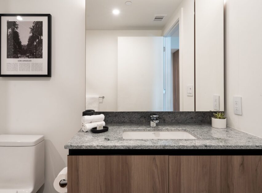 A modern bathroom with a granite countertop, rectangular sink, wooden vanity, rolled white towels, a small potted plant, wall mirror, and a framed black-and-white photo above a toilet.
