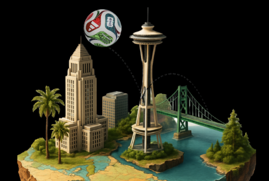 A digital illustration features iconic landmarks—the Los Angeles City Hall, Seattle’s Space Needle, a bridge, and a die—on an island with palm trees. Text reads: “LOS ANGELES - SEATTLE - VANCOUVER” on a black background.
