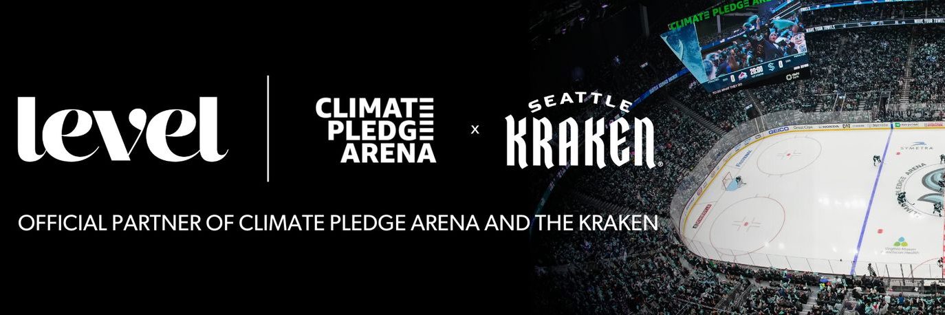 Level logo beside Climate Pledge Arena and Seattle Kraken logos overlaid on a packed hockey arena, with the text “Official Partner of Climate Pledge Arena and the Kraken.”.