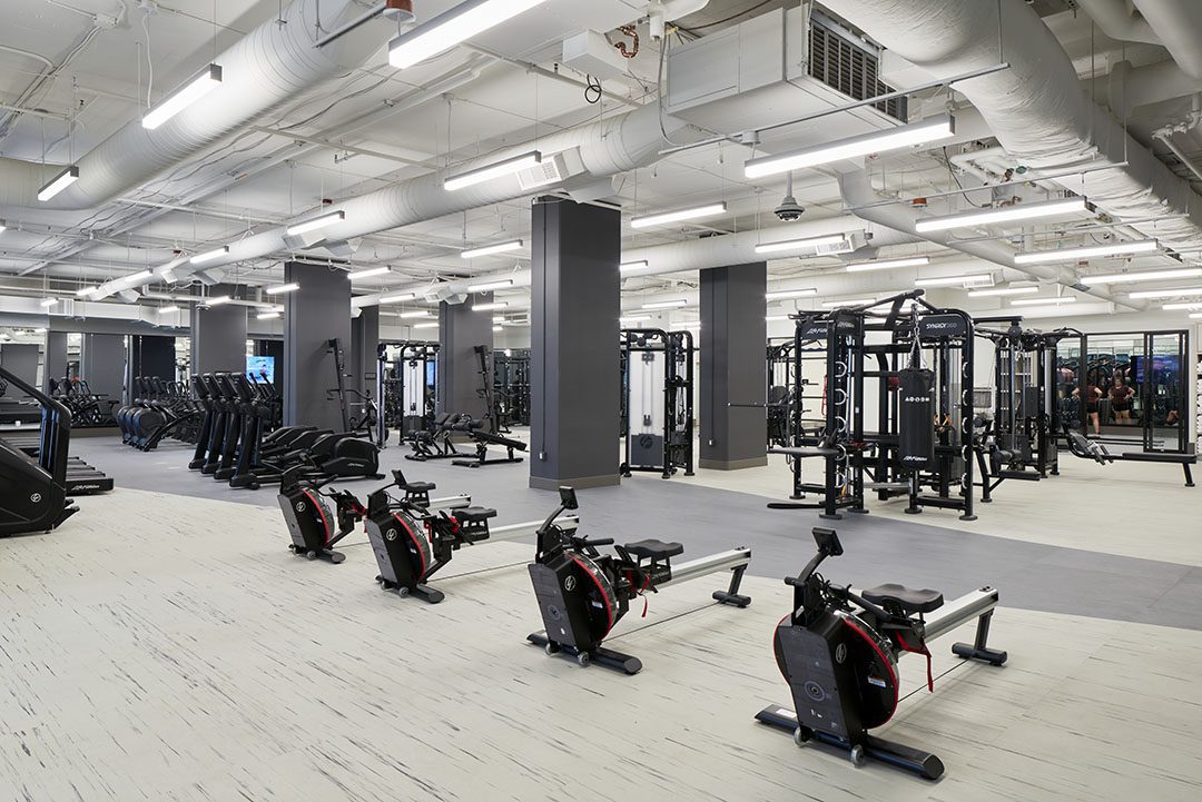 A spacious, modern gym with rowing machines in the foreground, treadmills and strength training equipment in the background, bright lighting, and light-colored flooring.