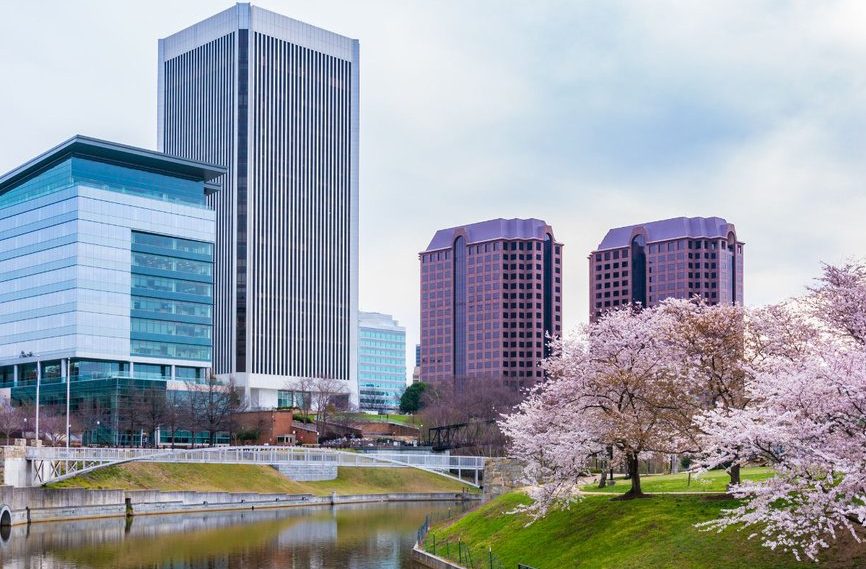 Modern office buildings and skyscrapers stand behind blooming cherry blossom trees along a riverbank under a cloudy sky in an urban park setting.