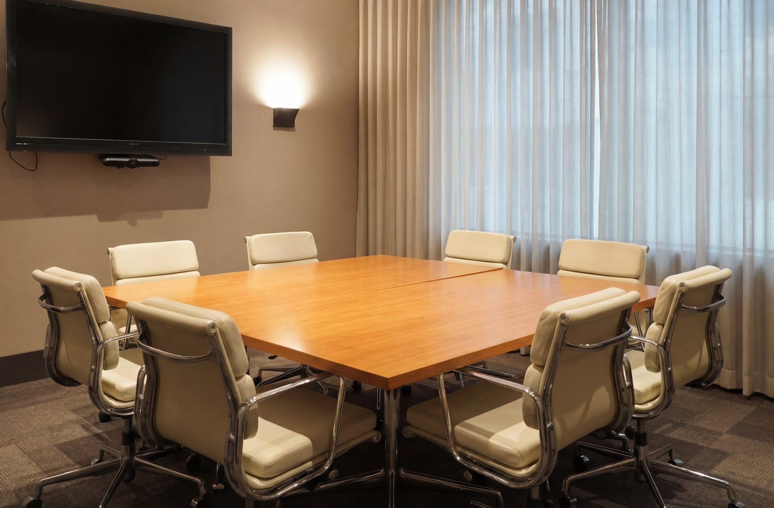 A modern conference room with a wooden square table surrounded by eight white office chairs, a wall-mounted flat screen TV, beige walls, and large curtained windows allowing natural light in.