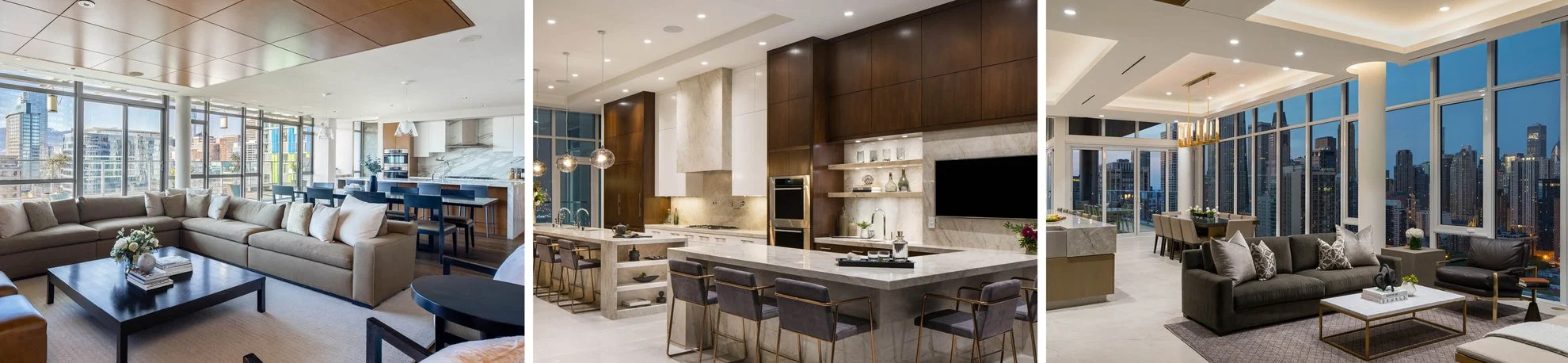 Three images show modern, luxurious living spaces with large windows, city skyline views, elegant furnishings, and contemporary kitchens, showcasing open layouts and upscale interior design.