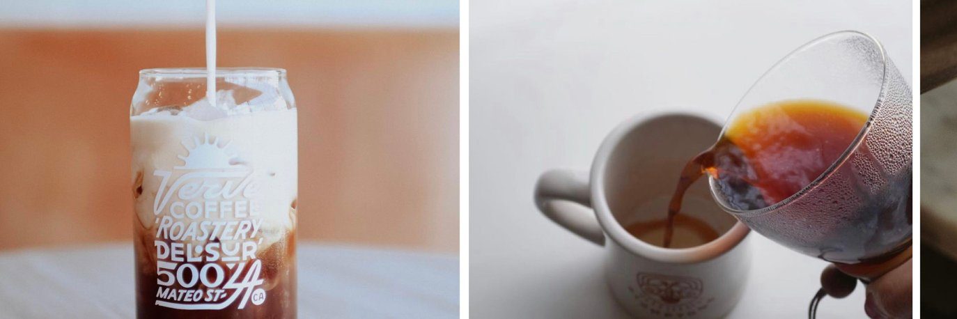 On the left, milk is being poured into an iced coffee in a glass with white text; on the right, hot coffee is being poured from a glass carafe into a white mug on a light surface.